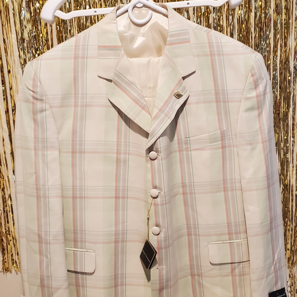 Stacy Adams Cream Plaid 3 Piece Suit, 46 R